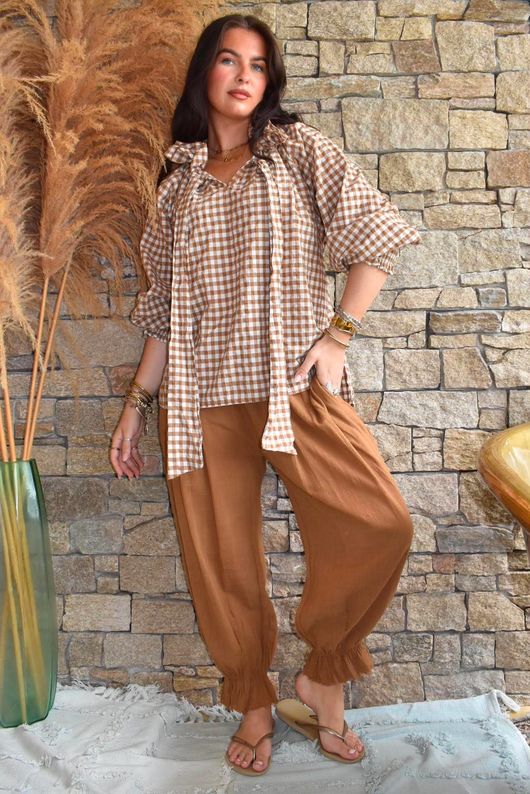 Nonni Gingham Poet Blouse Hazelnut
